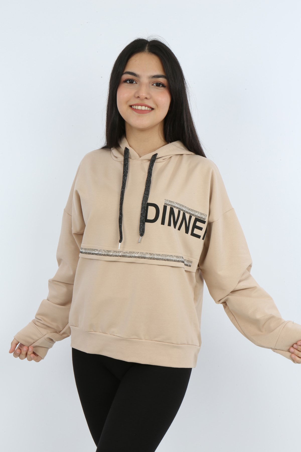 Kız Çocuk Önü Taş Detaylı Baskılı Sweatshirt