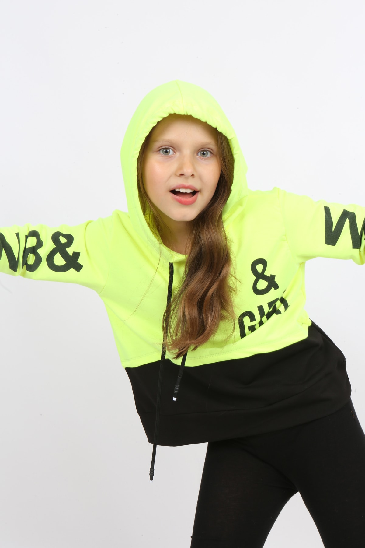 Kız Çocuk Göbek Üstü Çif Renkli Kapüşonlu Baskılı Sweatshirt