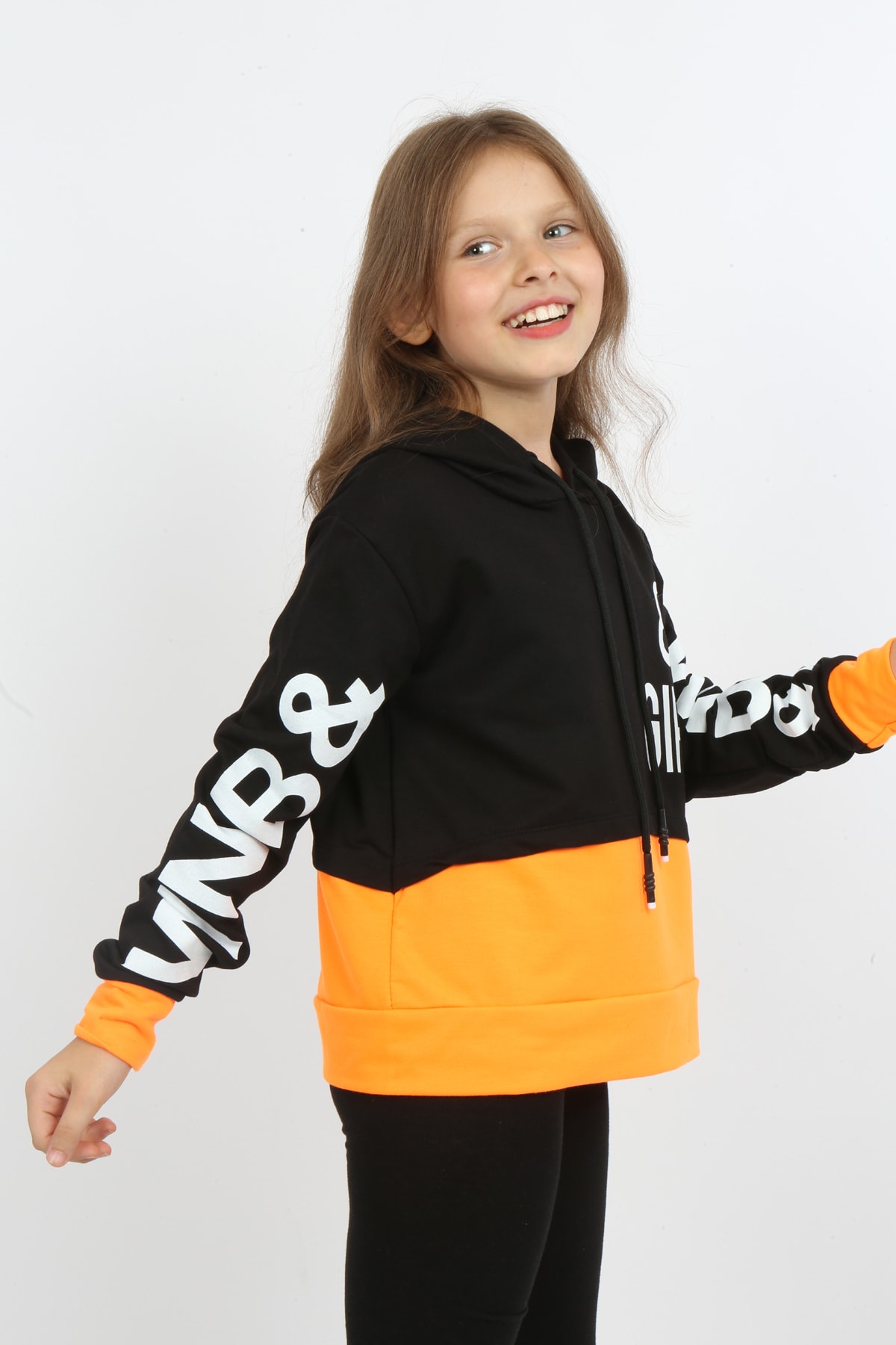 Kız Çocuk Göbek Üstü Çif Renkli Kapüşonlu Baskılı Sweatshirt