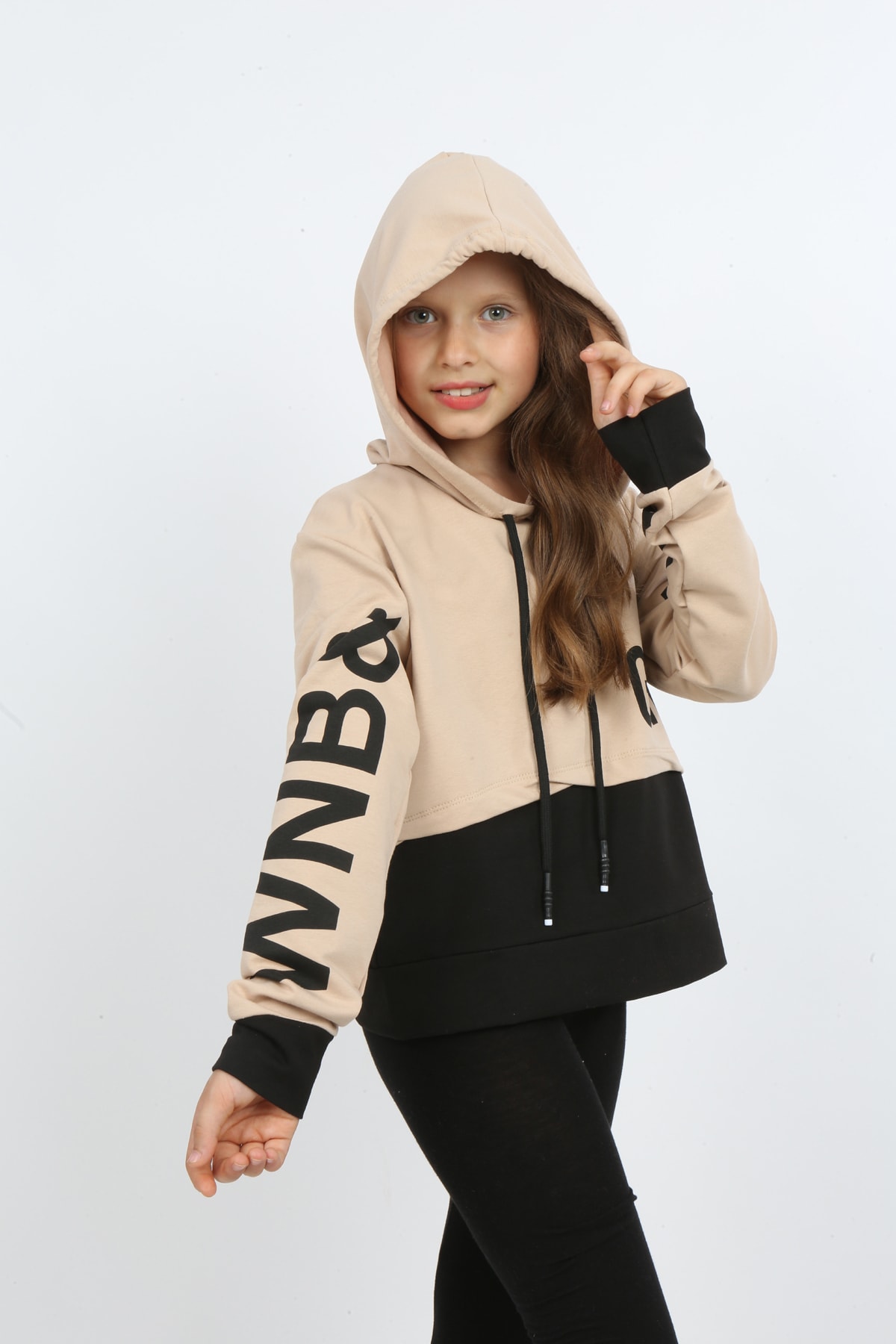 Kız Çocuk Göbek Üstü Çif Renkli Kapüşonlu Baskılı Sweatshirt