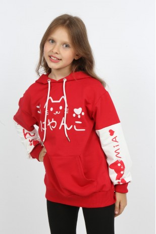 Kız Çocuk Baskılı Kapüşonlu Cepli Sweatshirt