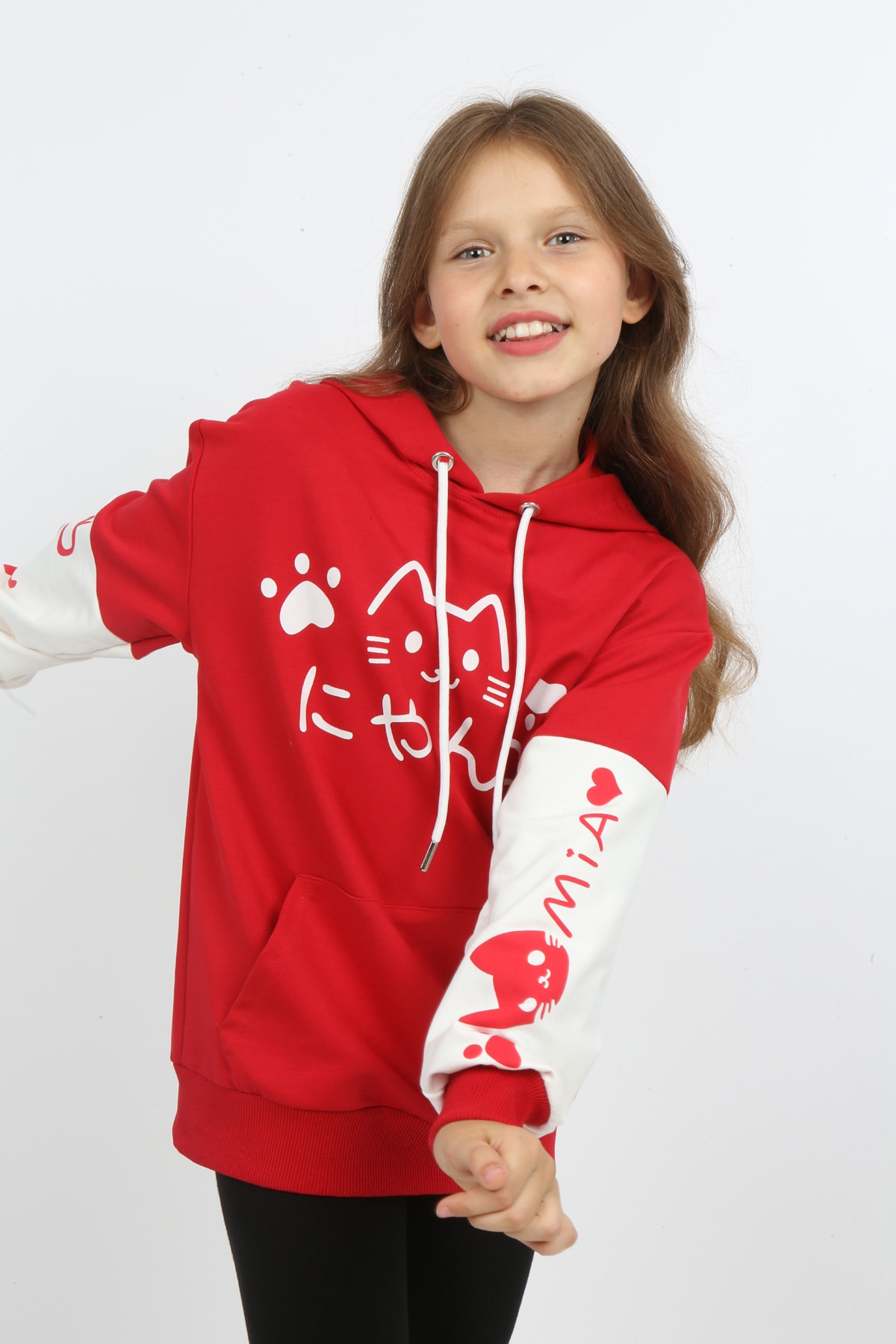 Kız Çocuk Baskılı Kapüşonlu Cepli Sweatshirt