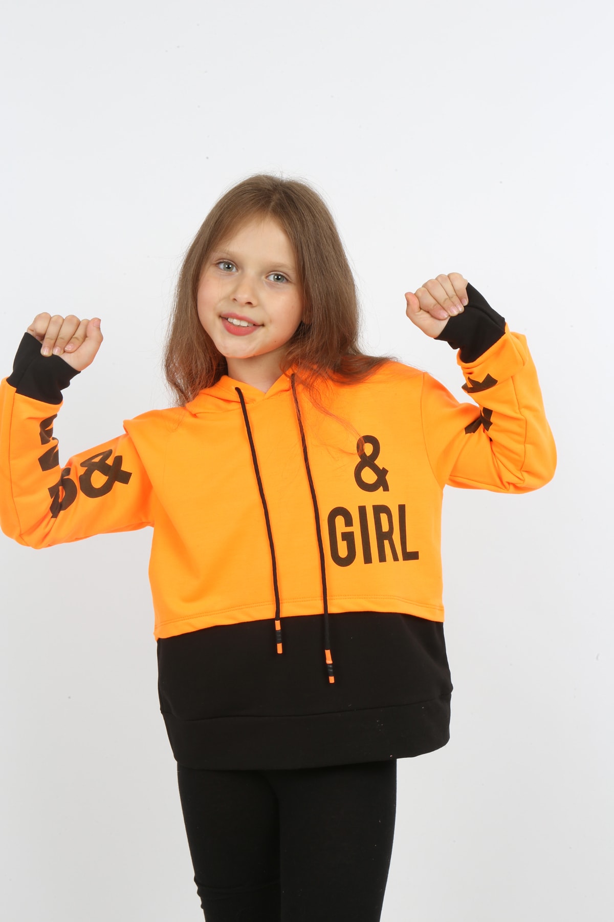 Kız Çocuk Göbek Üstü Çif Renkli Kapüşonlu Baskılı Sweatshirt