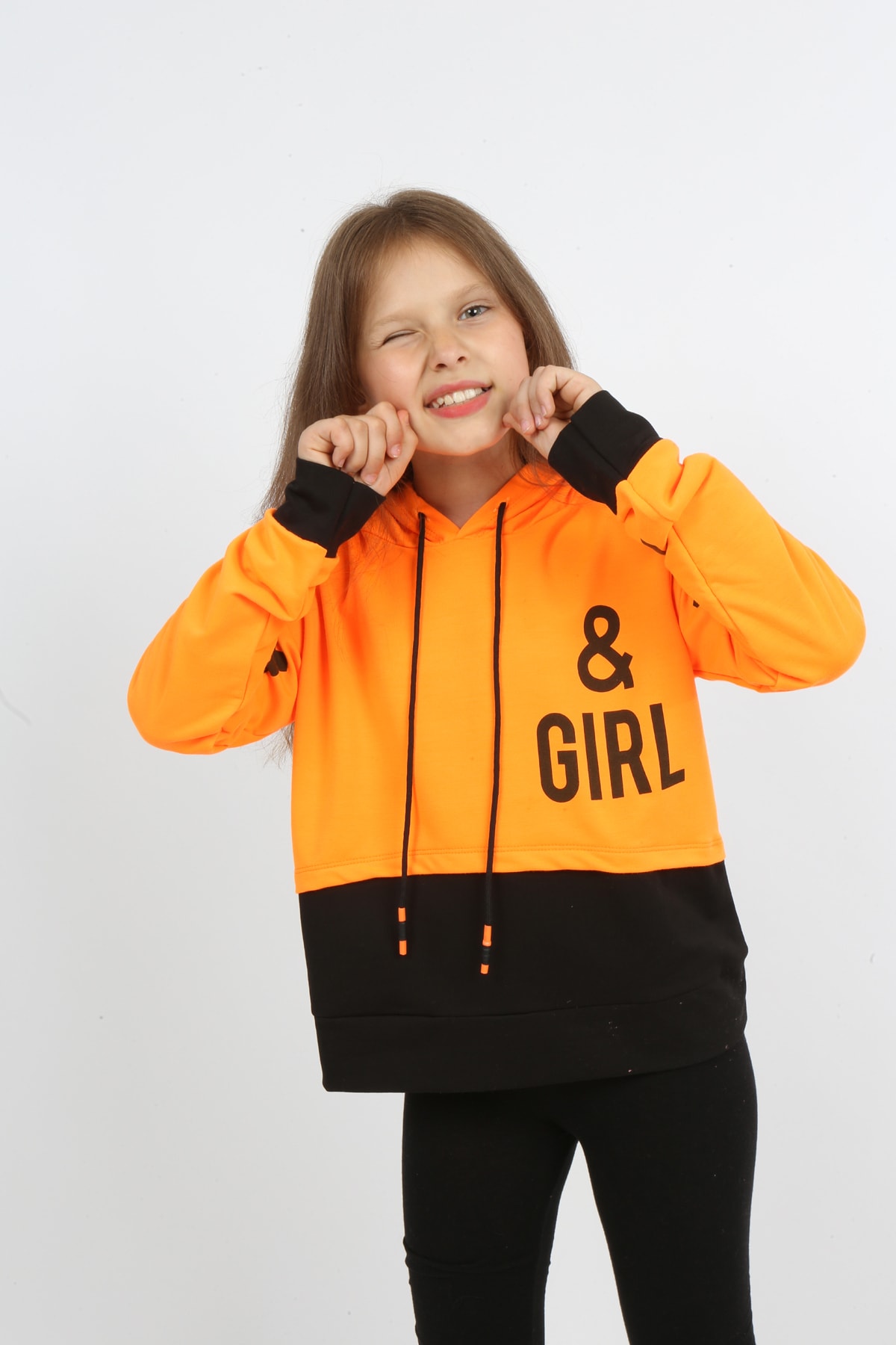 Kız Çocuk Göbek Üstü Çif Renkli Kapüşonlu Baskılı Sweatshirt