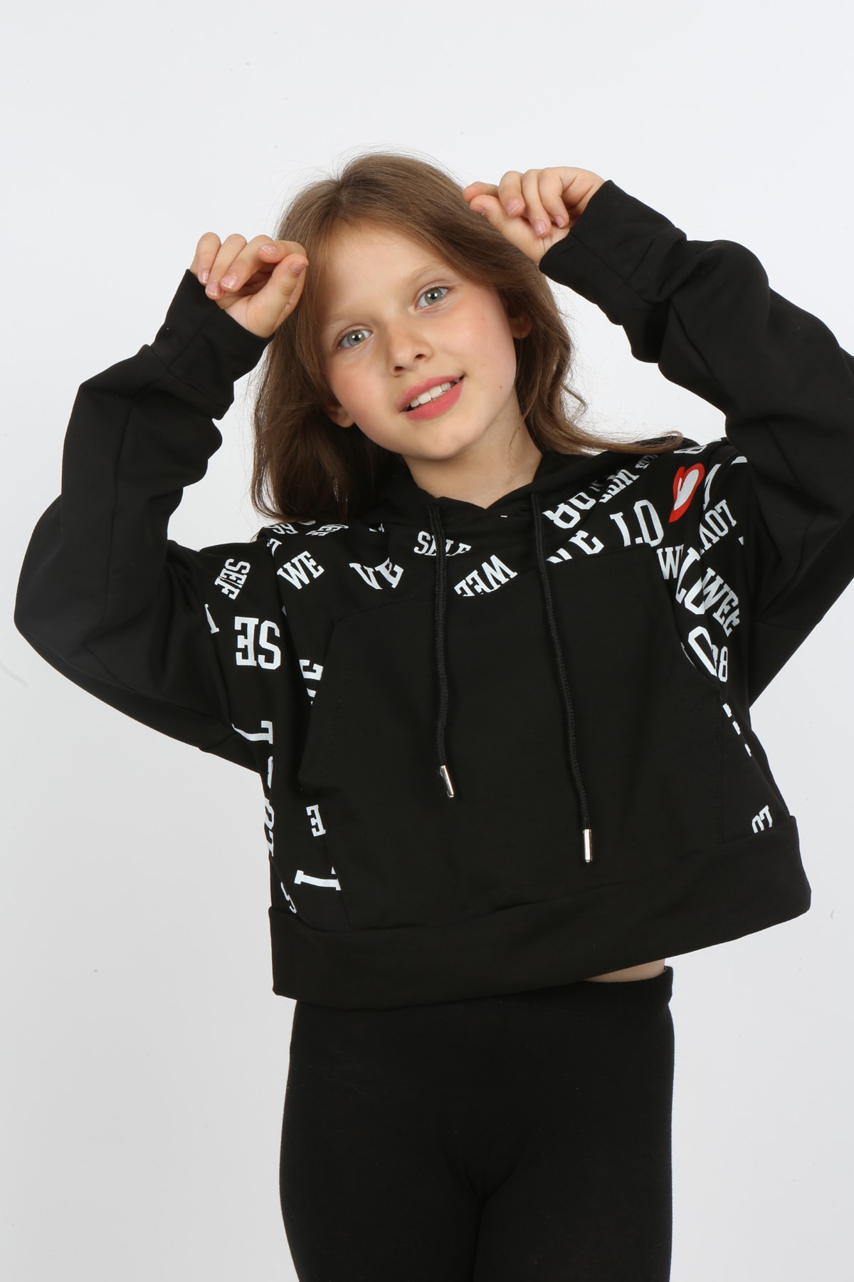 Kız Çocuk Göbek Üstü Kapüşonlu Cepli Baskılı Sweatshirt