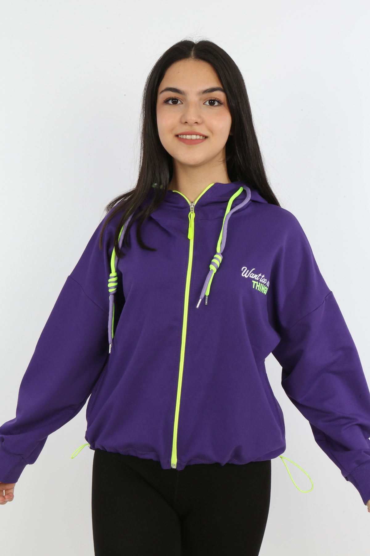 Kız Çocuk Ön ve Arka Nakışlı Fermuarlı Cepli Sweatshirt