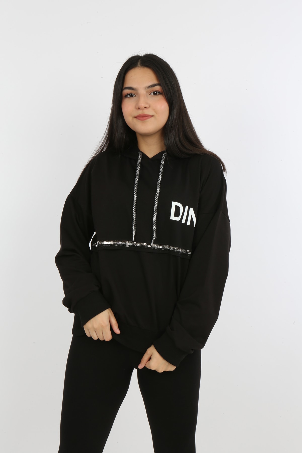 Kız Çocuk Önü Taş Detaylı Baskılı Sweatshirt
