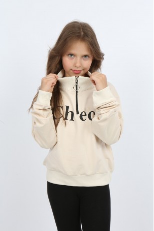 Kız Çocuk Ön Den Yarım Fermuarlı Baskılı Sweatshirt