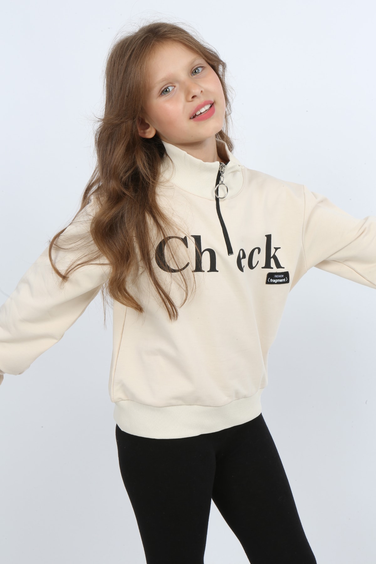 Kız Çocuk Ön Den Yarım Fermuarlı Baskılı Sweatshirt