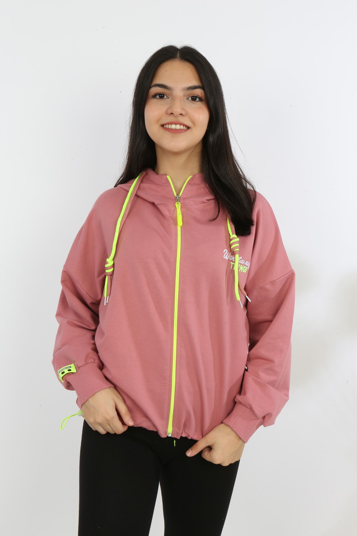 Kız Çocuk Ön Ve Arka Nakışlı Fermuarlı Cepli Sweatshirt
