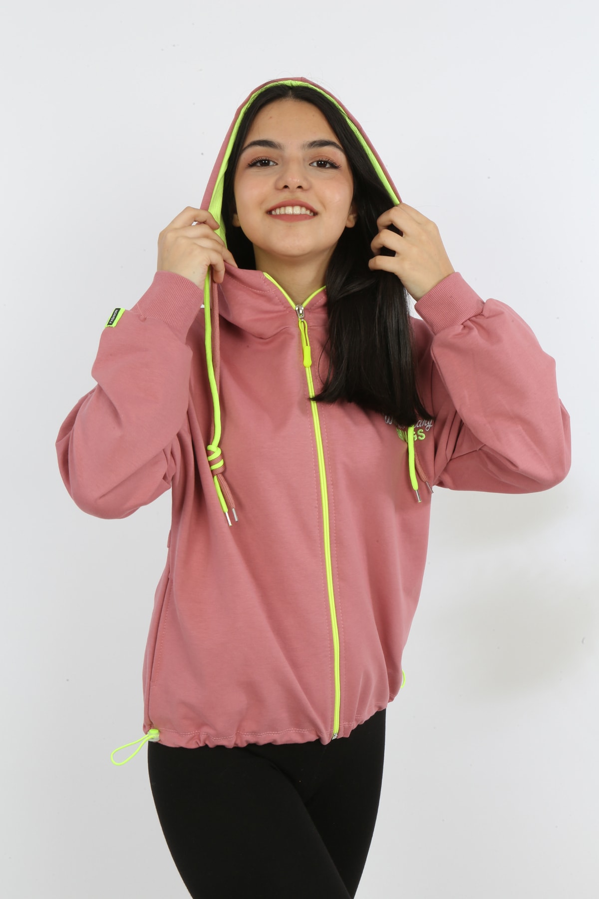 Kız Çocuk Ön Ve Arka Nakışlı Fermuarlı Cepli Sweatshirt