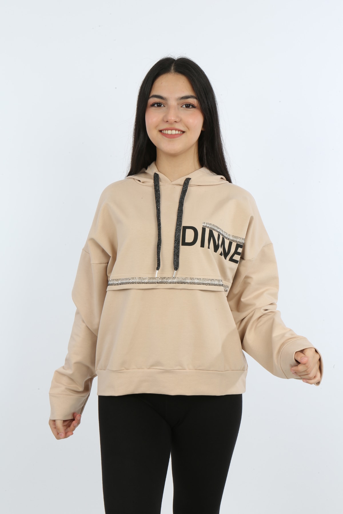 Kız Çocuk Önü Taş Detaylı Baskılı Sweatshirt