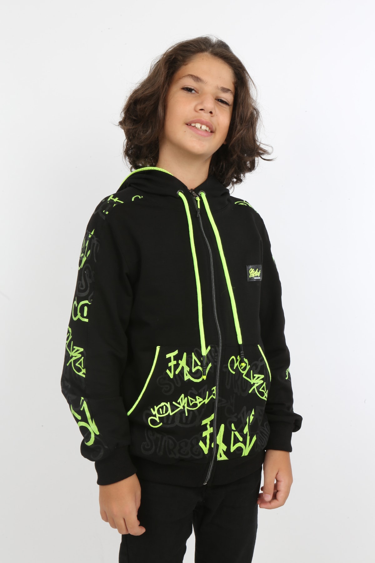 Erkek Çocuk Ön Ve Arka Baskılı Kapüşonlu Cepli Fermuarlı Sweatshirt