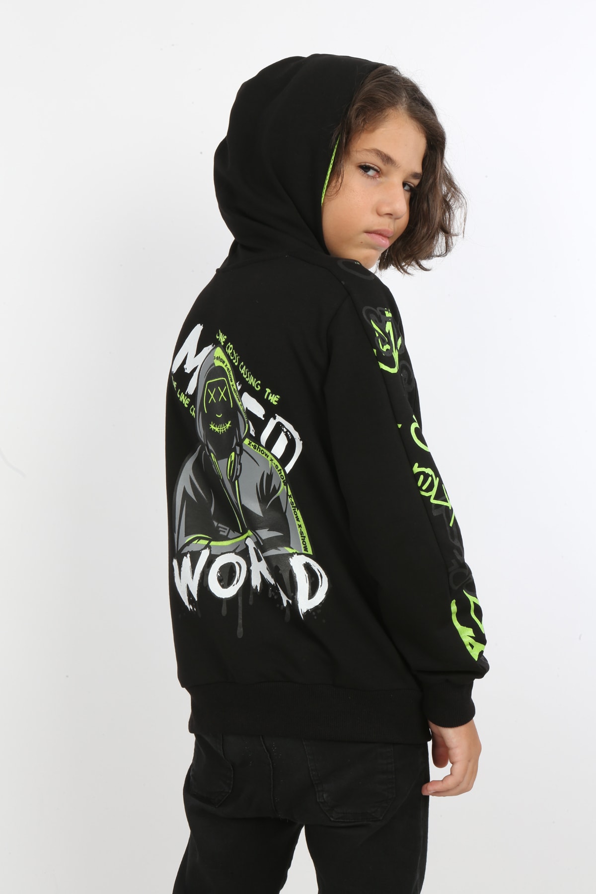 Erkek Çocuk Ön Ve Arka Baskılı Kapüşonlu Cepli Fermuarlı Sweatshirt