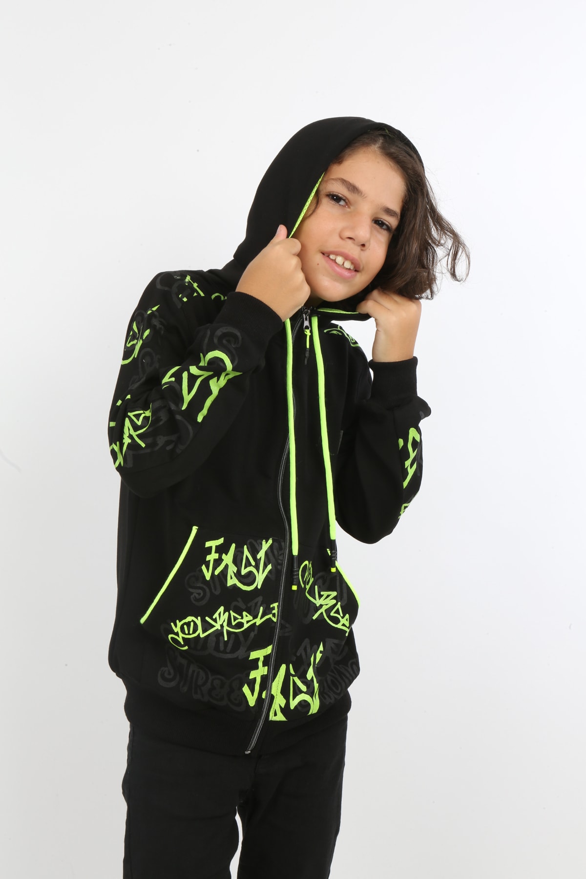 Erkek Çocuk Ön Ve Arka Baskılı Kapüşonlu Cepli Fermuarlı Sweatshirt