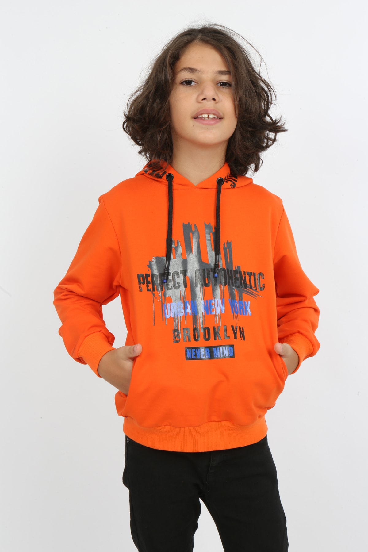 Erkek Çocuk Baskılı Kapüşonlu Cepli Sweatshirt