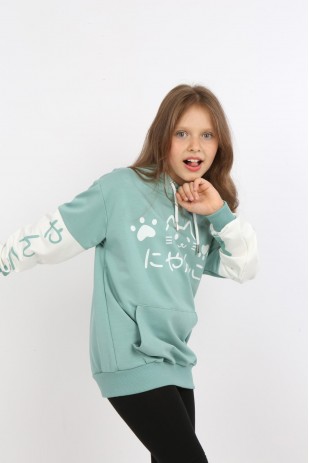Kız Çocuk Baskılı Kapüşonlu Cepli Sweatshirt