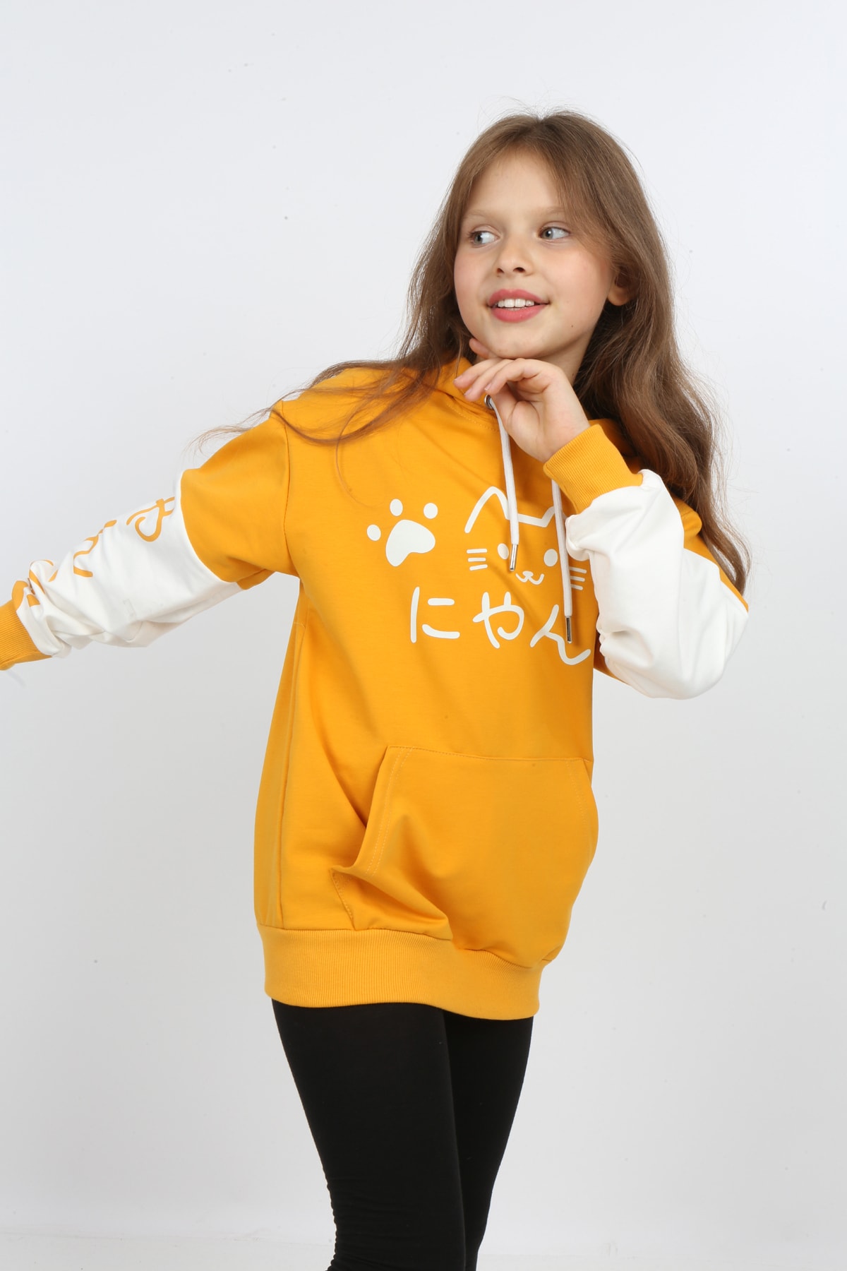 Kız Çocuk Baskılı Kapüşonlu Cepli Sweatshirt