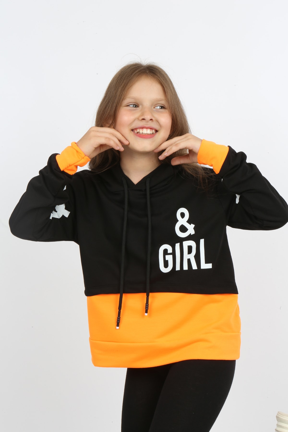 Kız Çocuk Göbek Üstü Çif Renkli Kapüşonlu Baskılı Sweatshirt