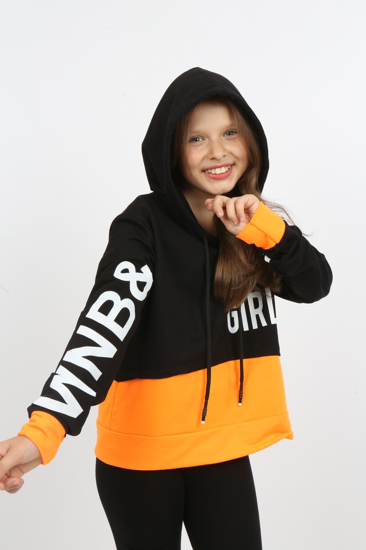 Kız Çocuk Göbek Üstü Çif Renkli Kapüşonlu Baskılı Sweatshirt
