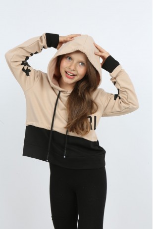 سويت شيرت بناتي بغطاء للرأس مزدوج اللون مطبوع فوق البطن