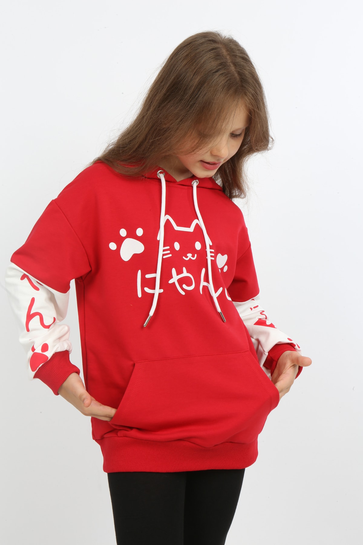 Kız Çocuk Baskılı Kapüşonlu Cepli Sweatshirt