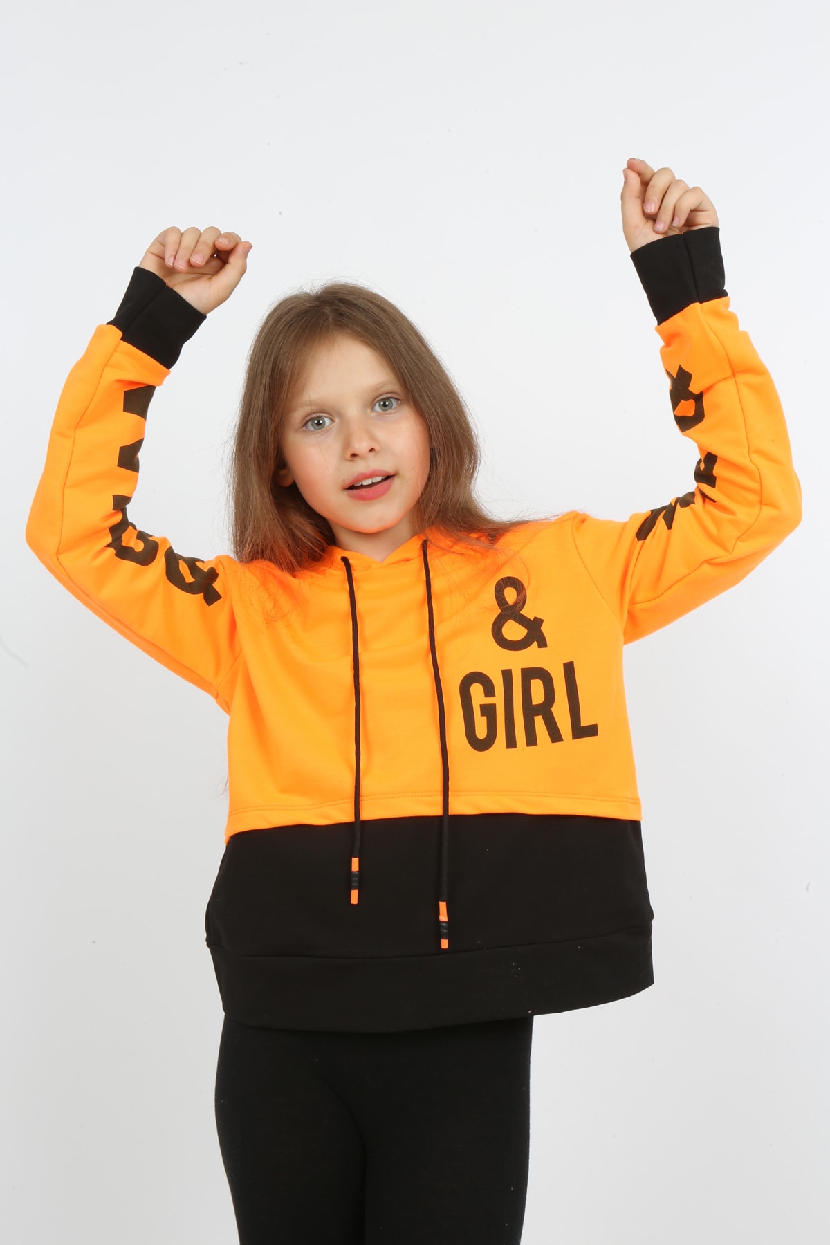 Kız Çocuk Göbek Üstü Çif Renkli Kapüşonlu Baskılı Sweatshirt