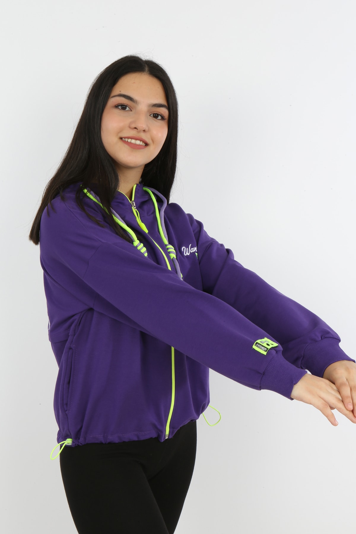 Kız Çocuk Ön ve Arka Nakışlı Fermuarlı Cepli Sweatshirt