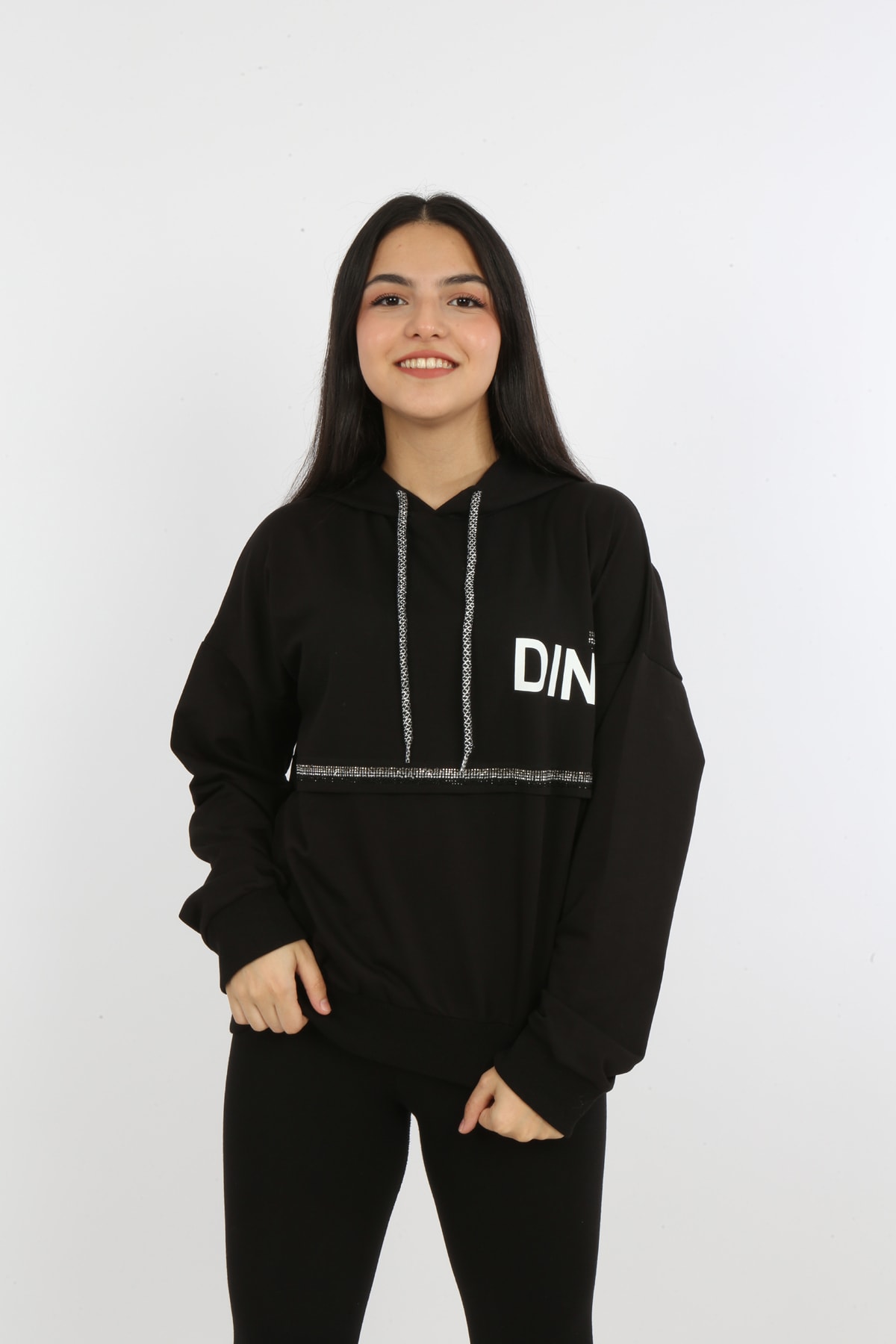 Kız Çocuk Önü Taş Detaylı Baskılı Sweatshirt