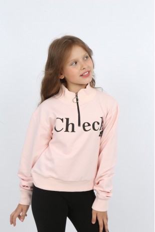 Kız Çocuk Ön Den Yarım Fermuarlı Baskılı Sweatshirt