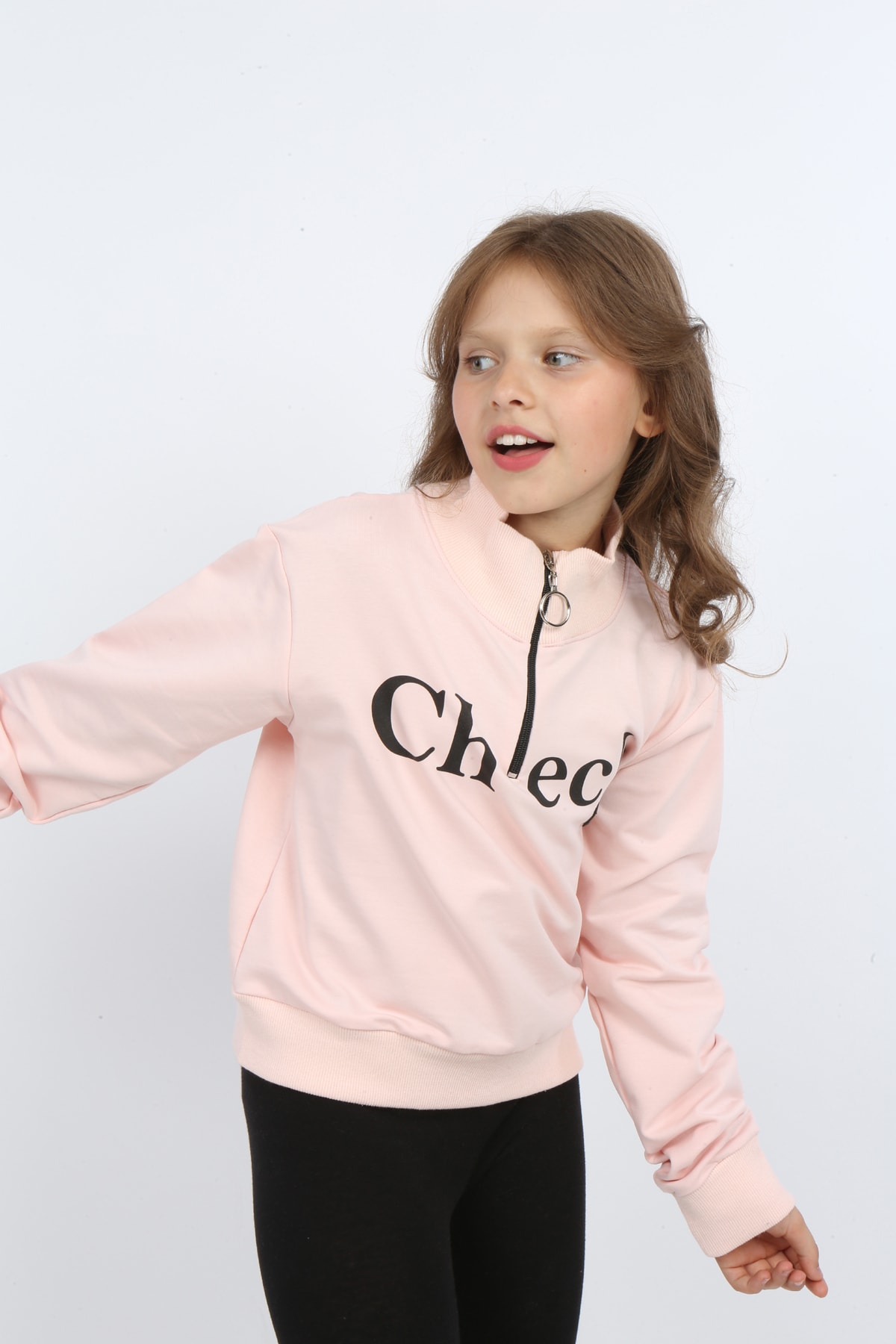 Kız Çocuk Ön Den Yarım Fermuarlı Baskılı Sweatshirt