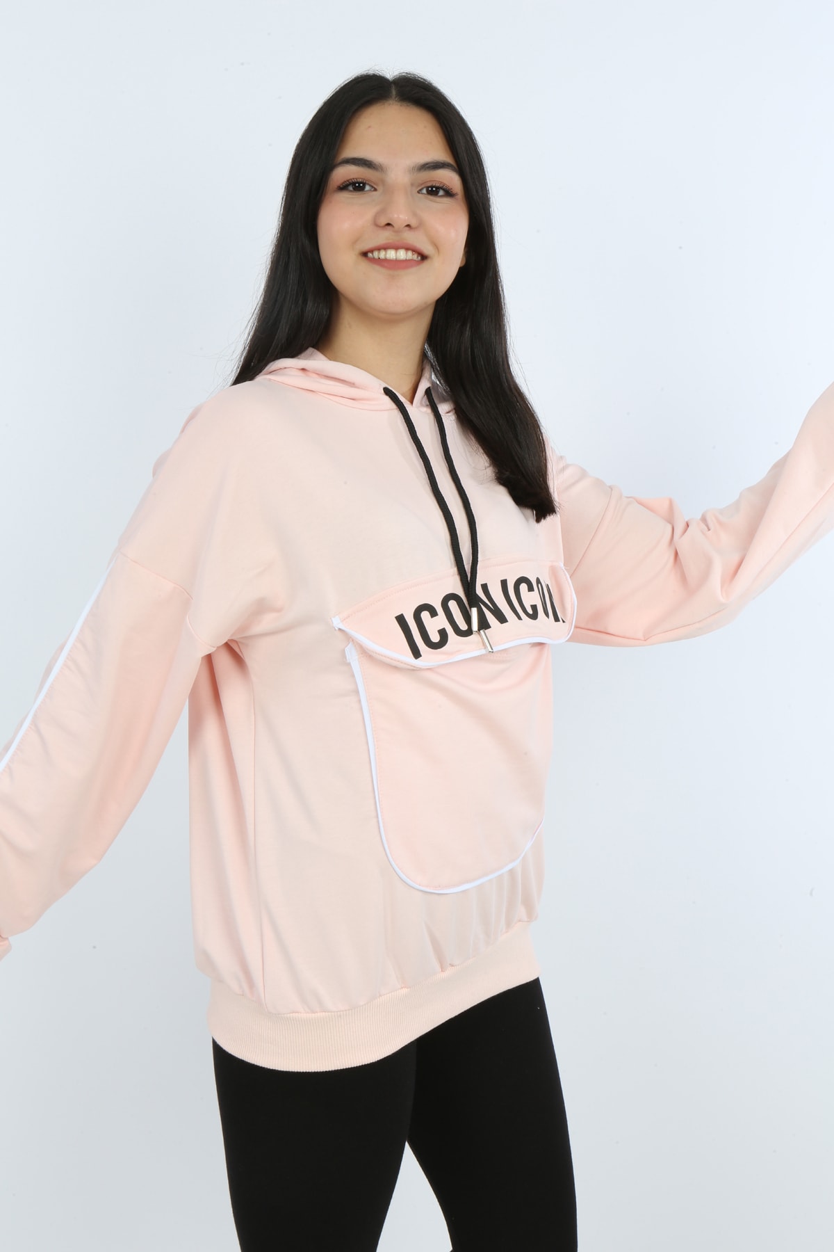 Kız Çocuk Yazı Baskılı Kapüşonlu Cepli Sweatshirt