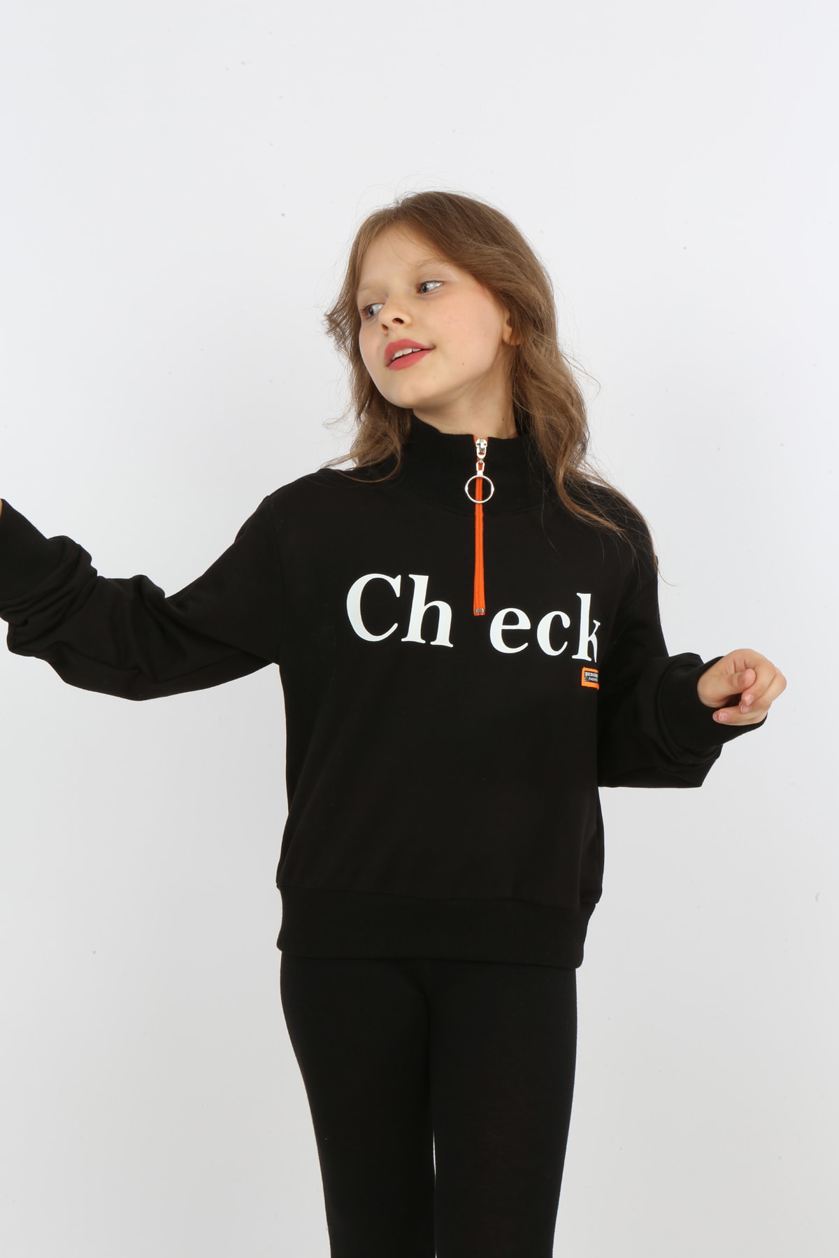 Kız Çocuk Ön Den Yarım Fermuarlı Baskılı Sweatshirt