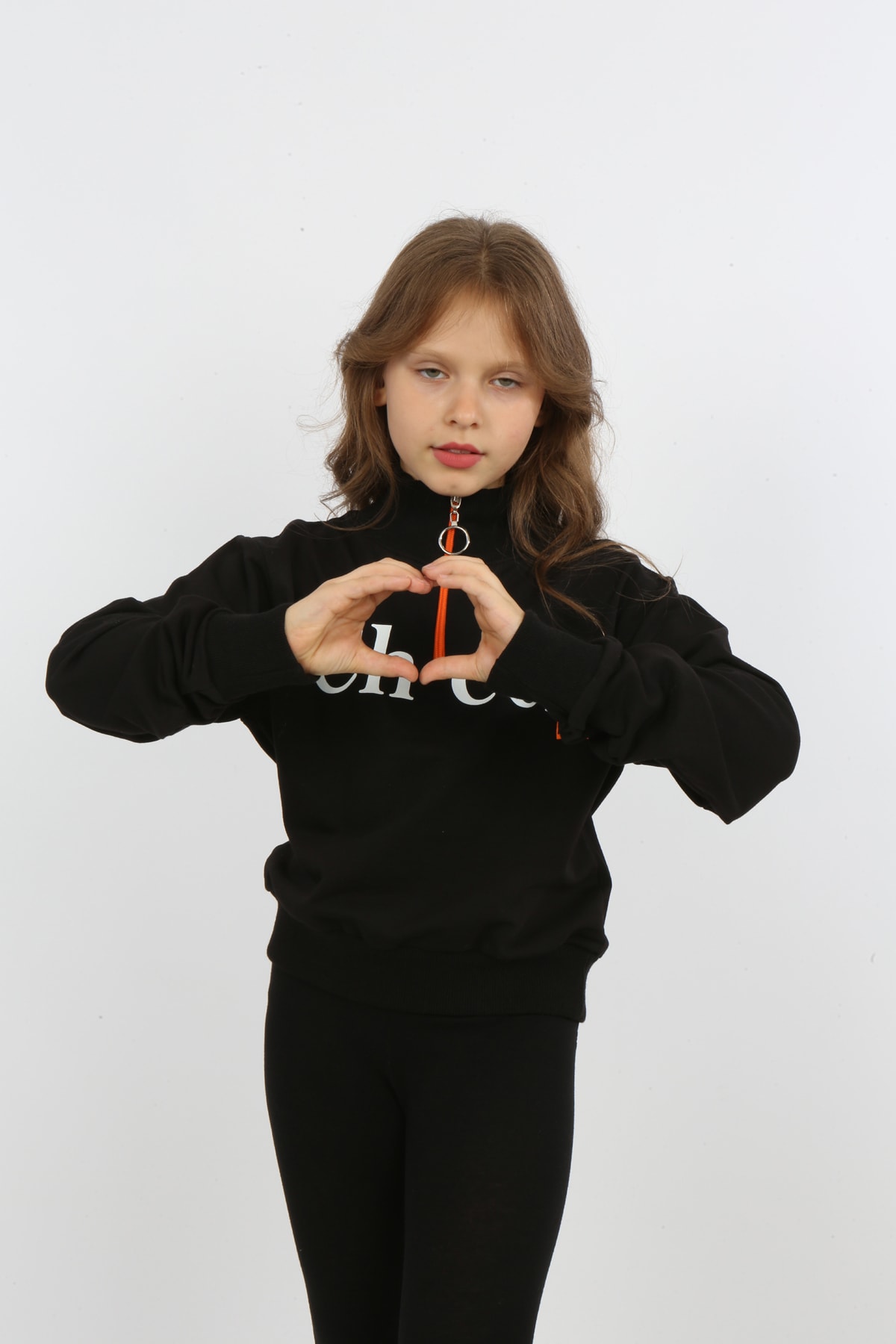 Kız Çocuk Ön Den Yarım Fermuarlı Baskılı Sweatshirt