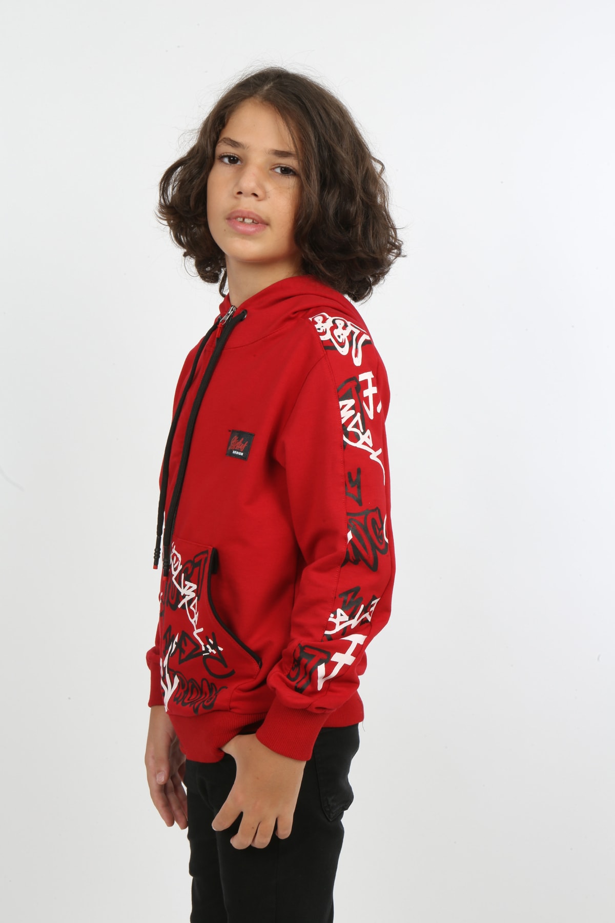 Erkek Çocuk Ön Ve Arka Baskılı Kapüşonlu Cepli Fermuarlı Sweatshirt