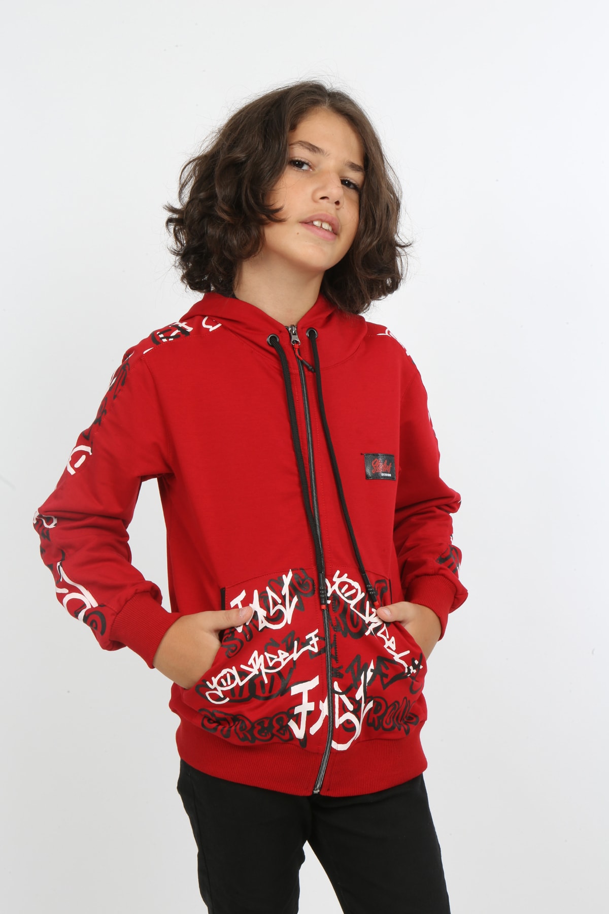 Erkek Çocuk Ön Ve Arka Baskılı Kapüşonlu Cepli Fermuarlı Sweatshirt