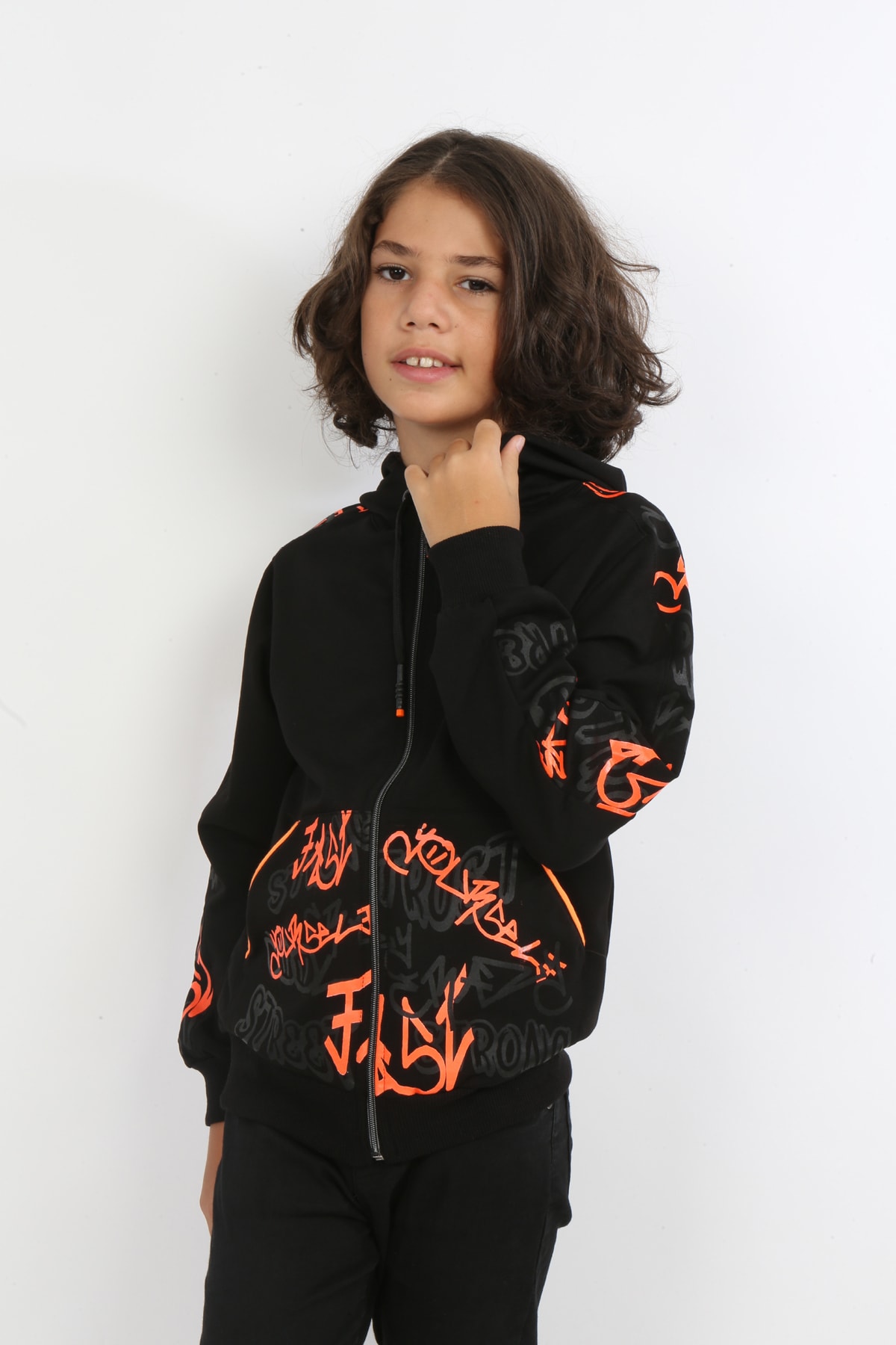 Erkek Çocuk Ön Ve Arka Baskılı Kapüşonlu Cepli Fermuarlı Sweatshirt