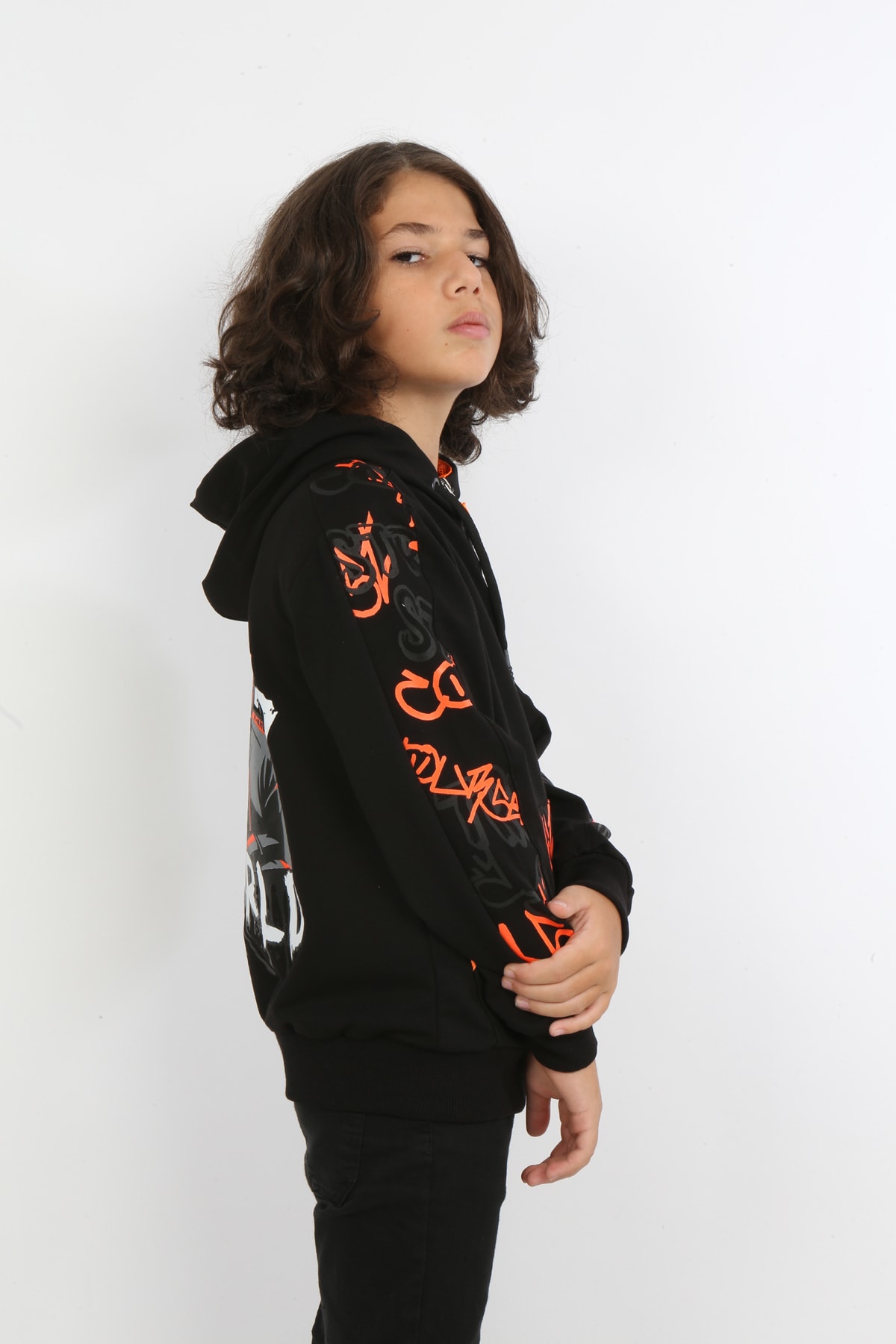 Erkek Çocuk Ön Ve Arka Baskılı Kapüşonlu Cepli Fermuarlı Sweatshirt