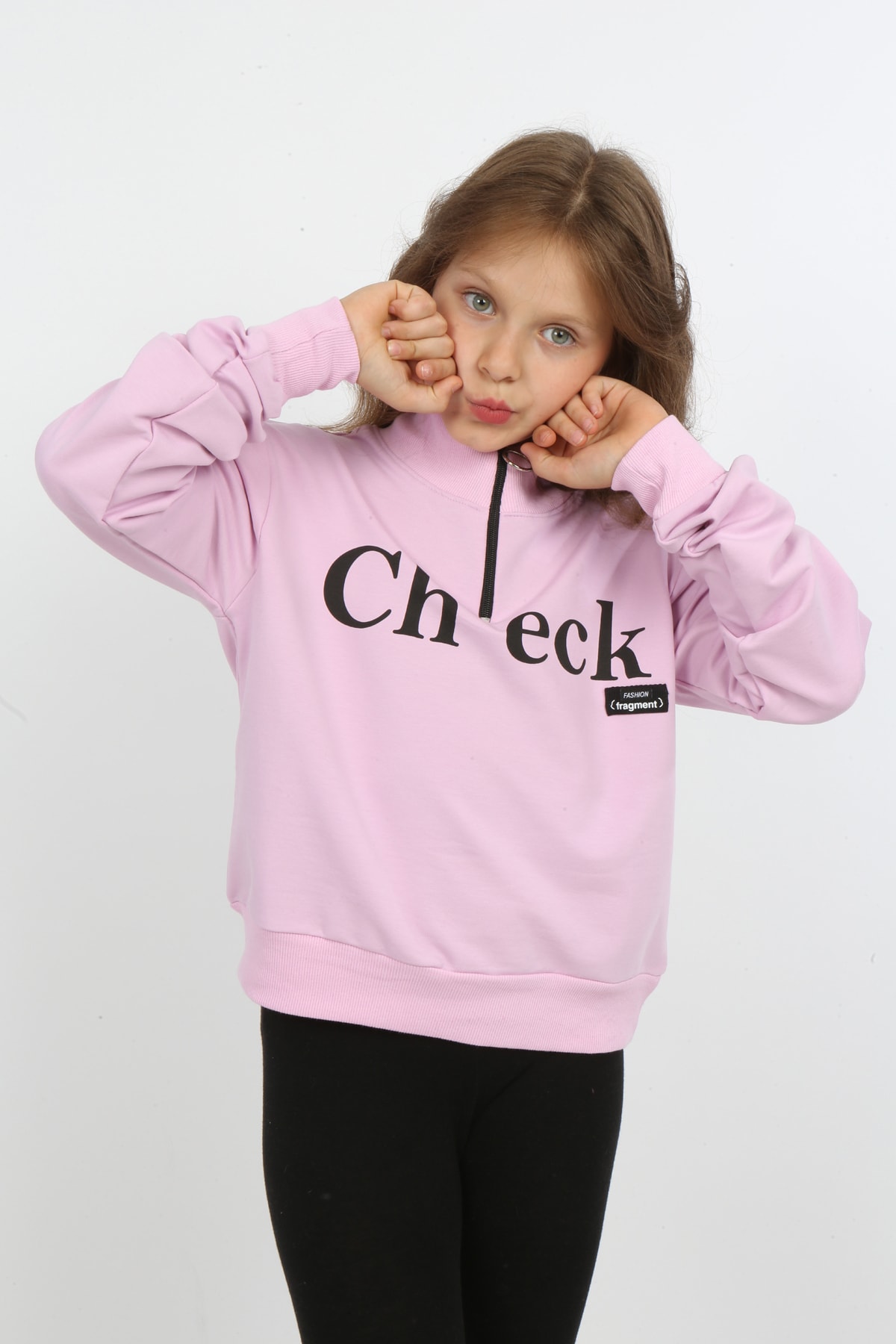 Kız Çocuk Ön Den Yarım Fermuarlı Baskılı Sweatshirt