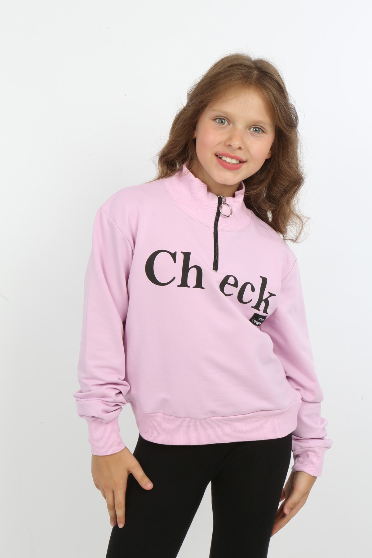 Kız Çocuk Ön Den Yarım Fermuarlı Baskılı Sweatshirt