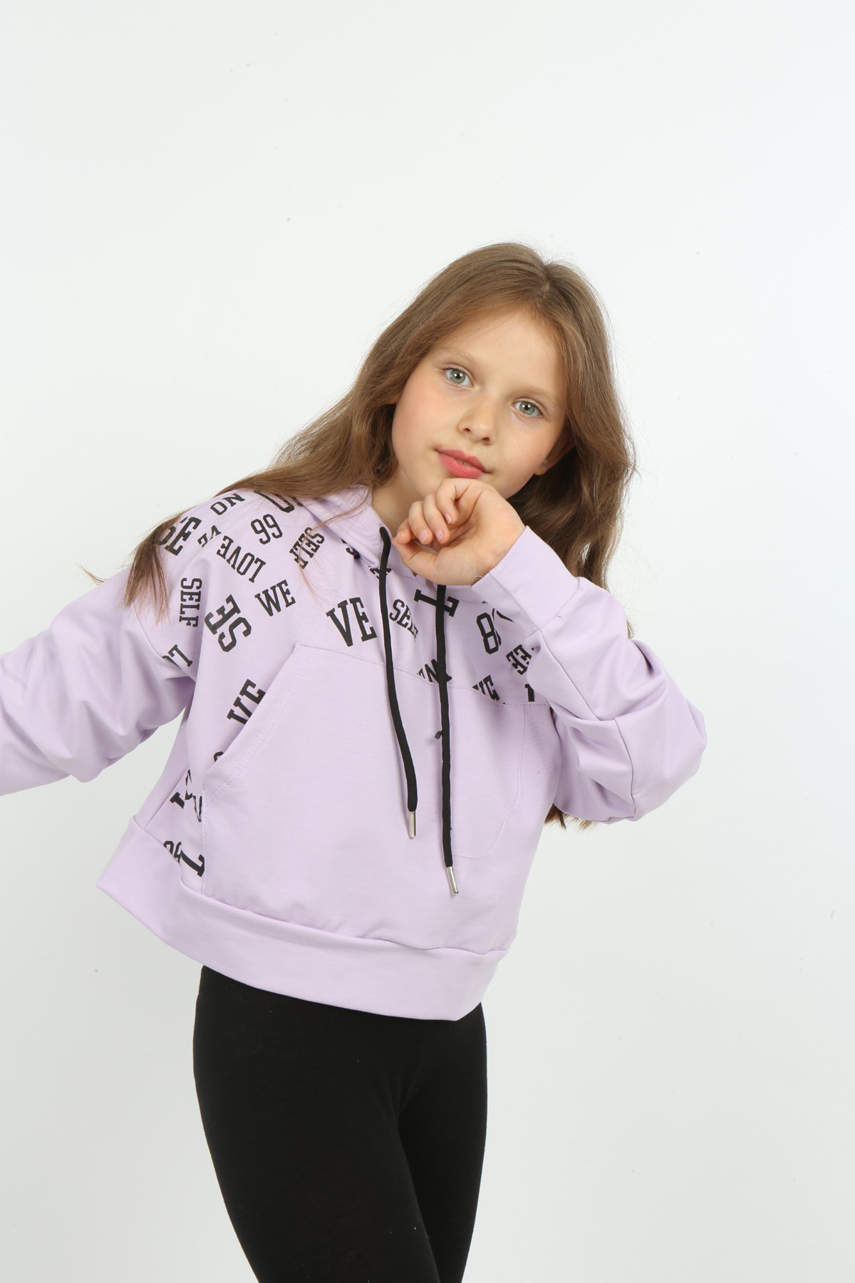 Kız Çocuk Göbek Üstü Kapüşonlu Cepli Baskılı Sweatshirt