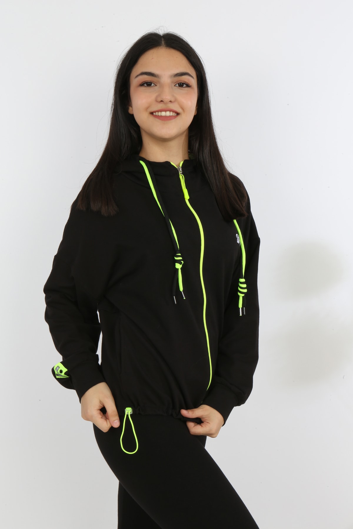Kız Çocuk Ön Ve Arka Nakışlı Fermuarlı Cepli Sweatshirt