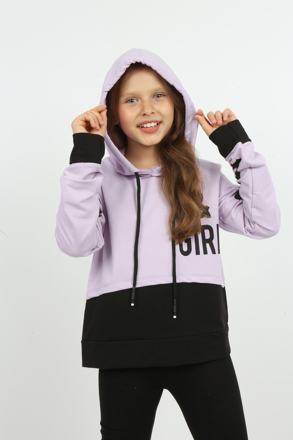 Kız Çocuk Göbek Üstü Çif Renkli Kapüşonlu Baskılı Sweatshirt