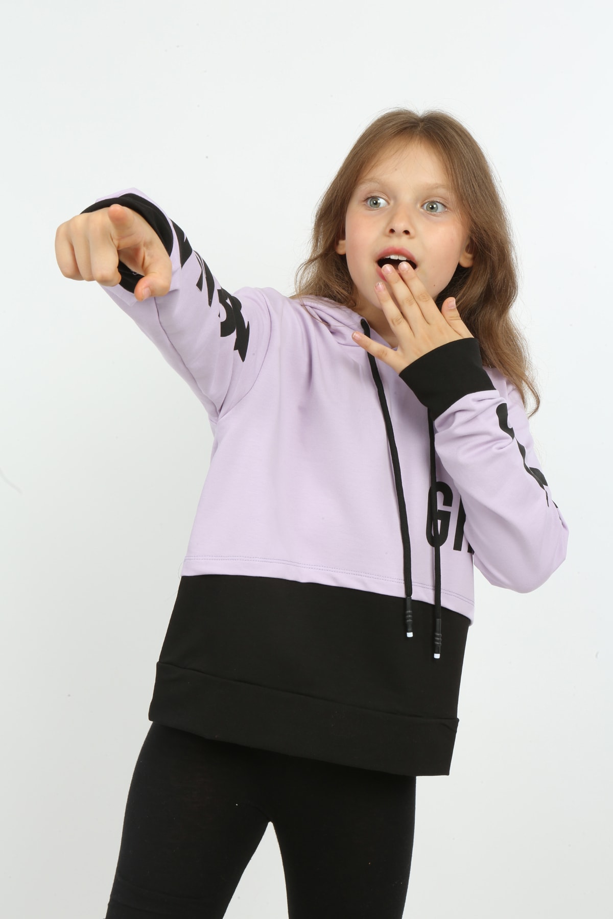 Kız Çocuk Göbek Üstü Çif Renkli Kapüşonlu Baskılı Sweatshirt