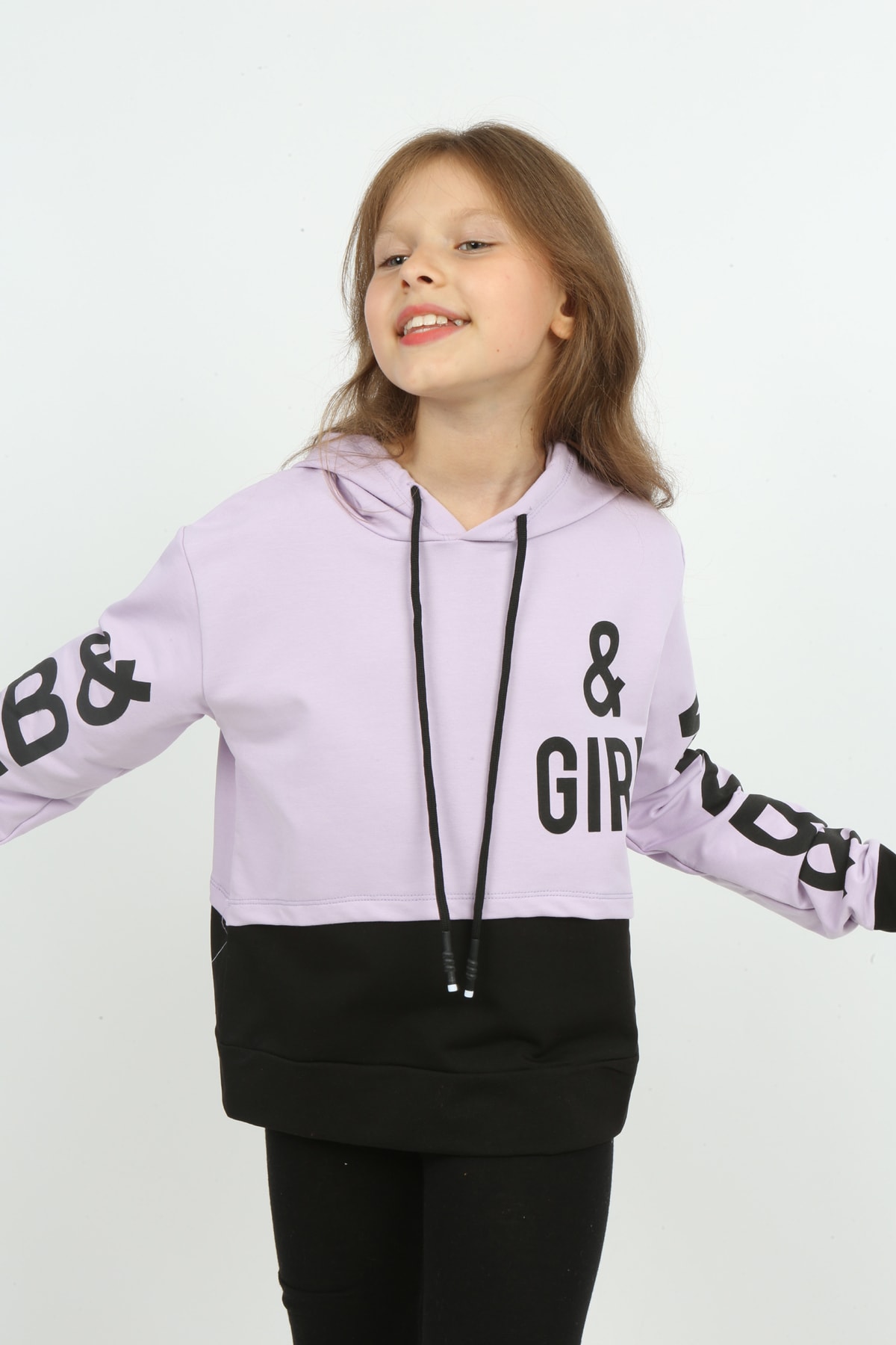 Kız Çocuk Göbek Üstü Çif Renkli Kapüşonlu Baskılı Sweatshirt