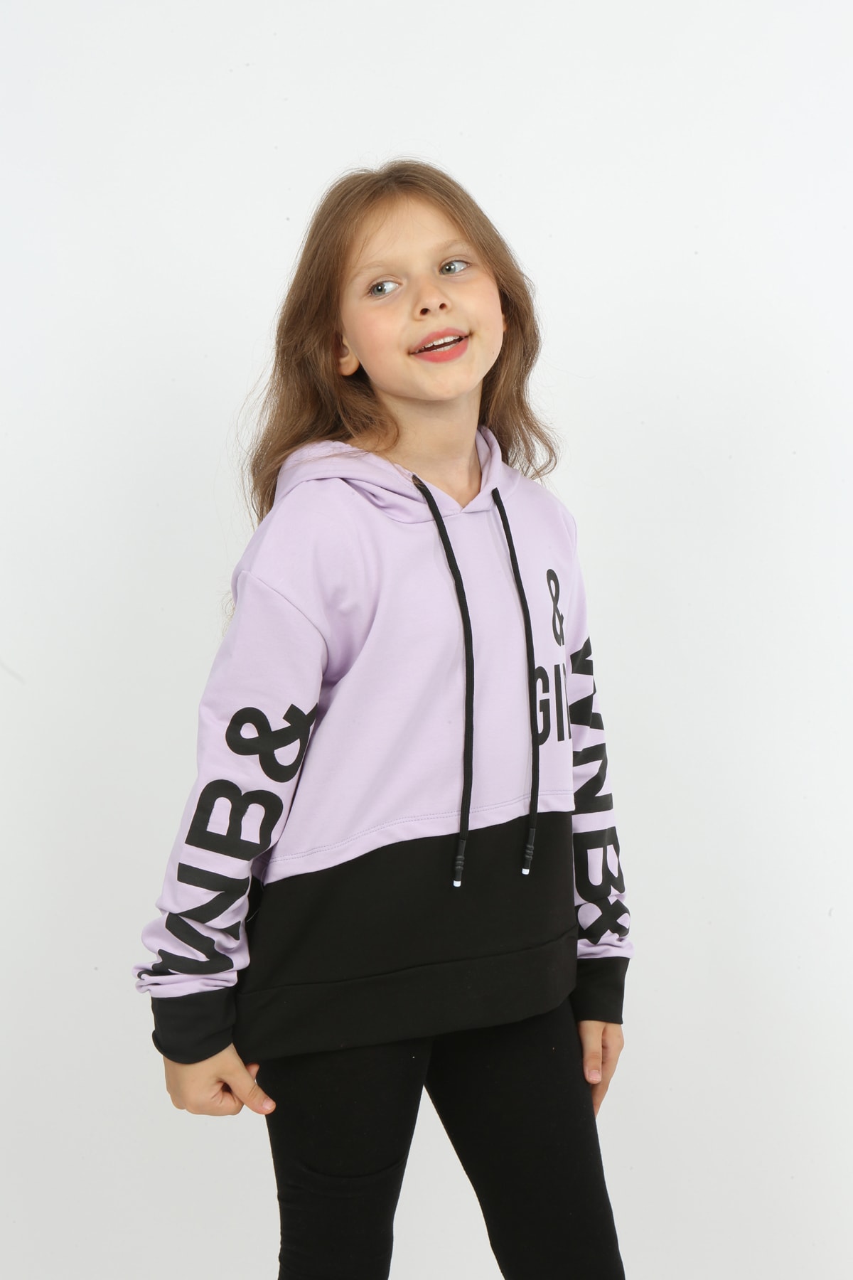 Kız Çocuk Göbek Üstü Çif Renkli Kapüşonlu Baskılı Sweatshirt