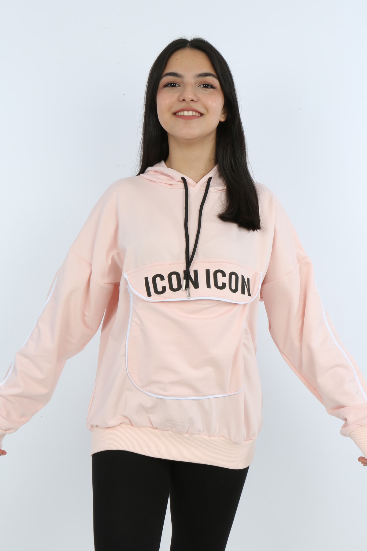 Kız Çocuk Yazı Baskılı Kapüşonlu Cepli Sweatshirt