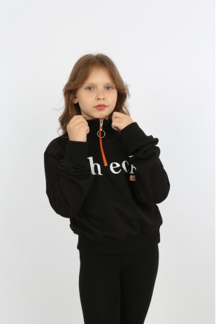 Kız Çocuk Ön Den Yarım Fermuarlı Baskılı Sweatshirt