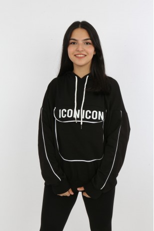 Kız Çocuk Yazı Baskılı Kapüşonlu Cepli Sweatshirt