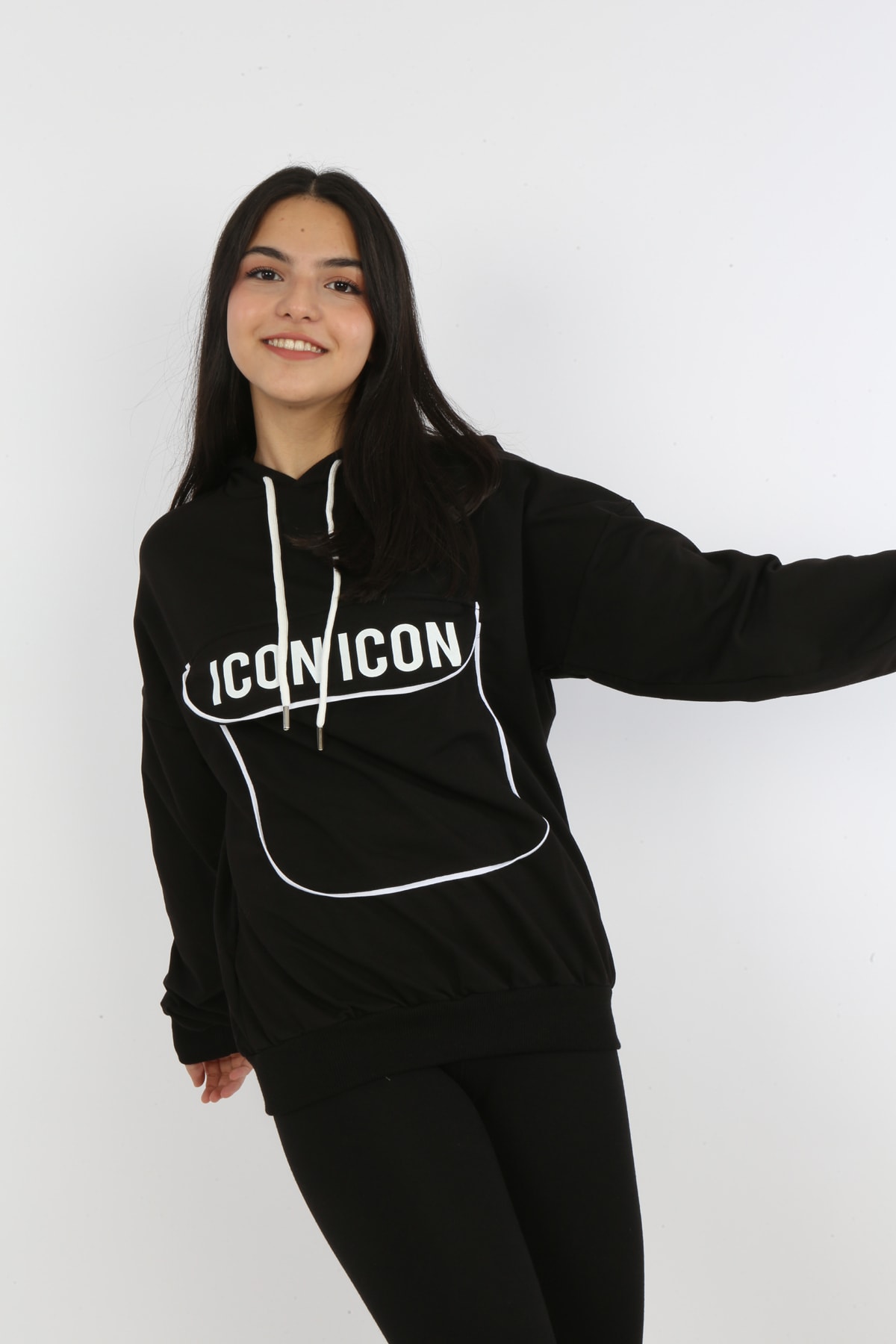 Kız Çocuk Yazı Baskılı Kapüşonlu Cepli Sweatshirt